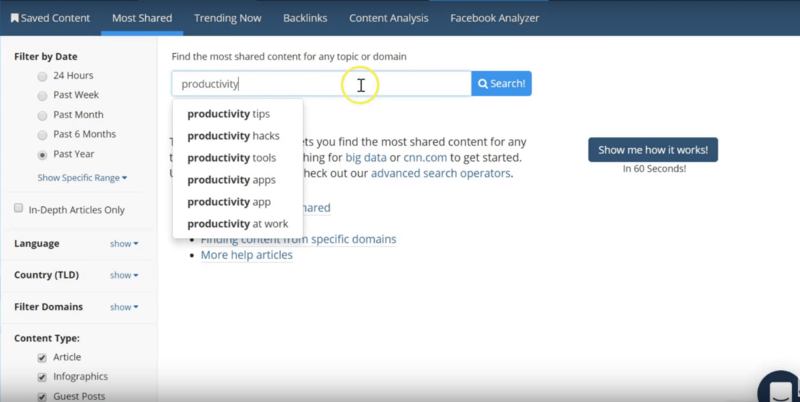 Buzzsumo content ideas generator tool screen